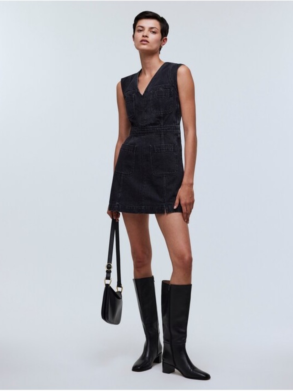 Madewell Black V-Neck Denim Mini Dress 100% Cotton